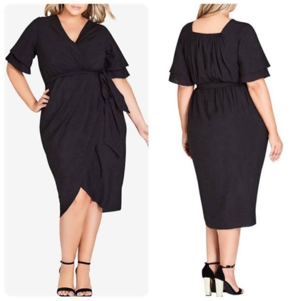 Black Wrap-Front Midi Dress with Tie Waist